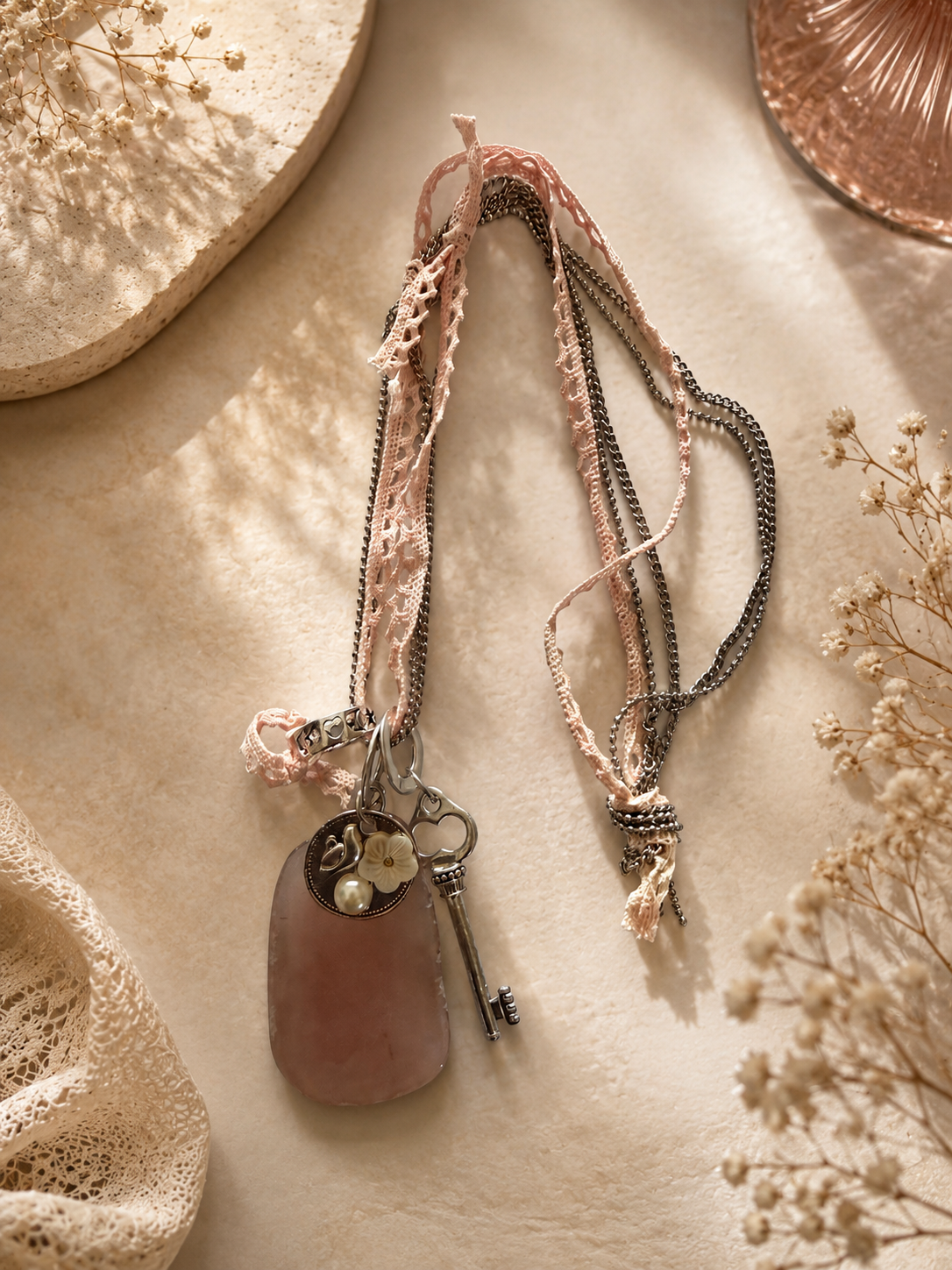 Lange Boho Ketting Roze Kant & Sleutel Bedel – Vintage Look