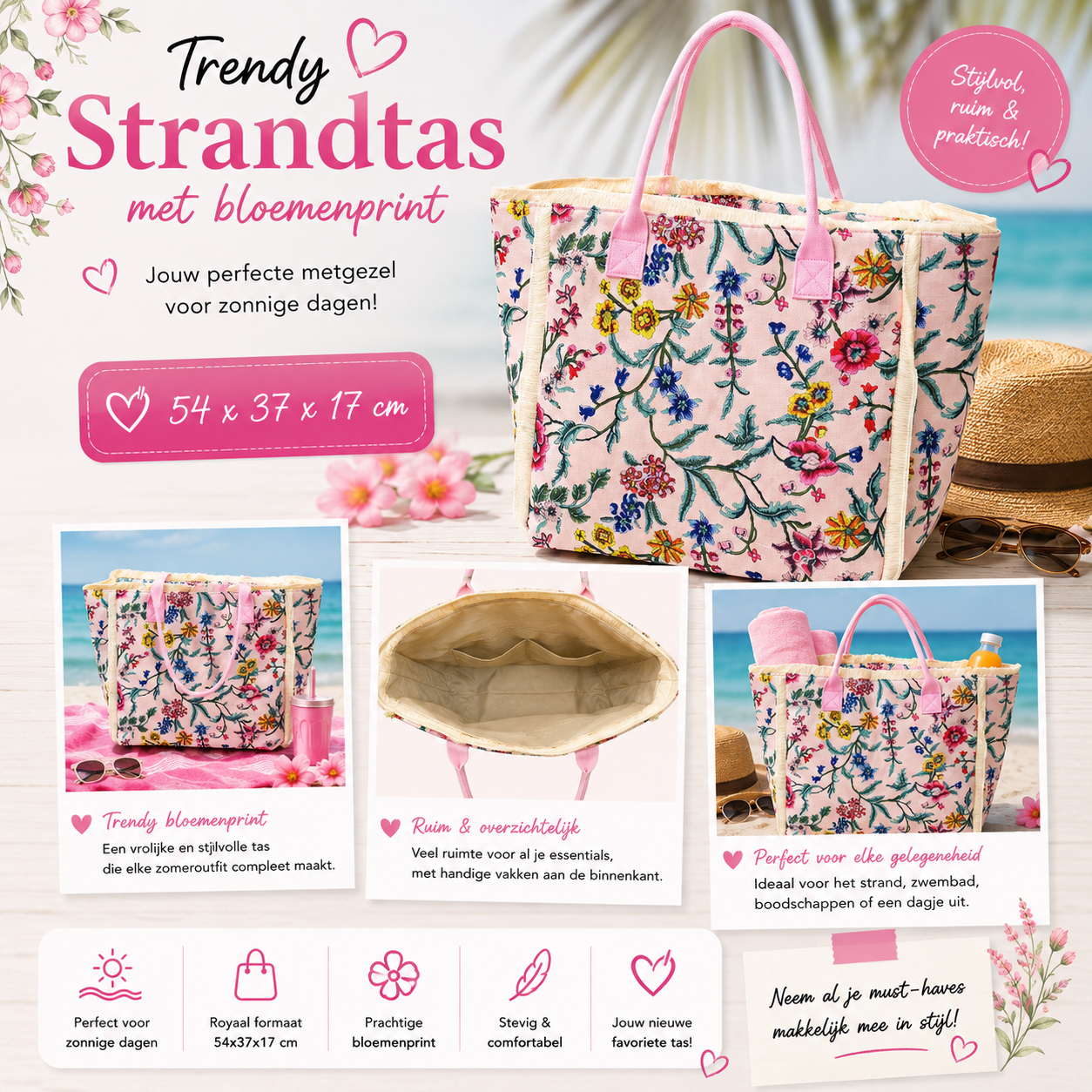 Strandtas Bloemenprint Roze – Grote Damestas 54x37x17 cm | By Jule Sieraden