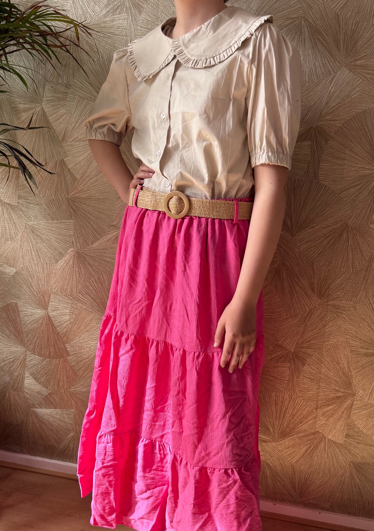 Lange zomer rok roze – elastische taille met riem – one size (38-48)