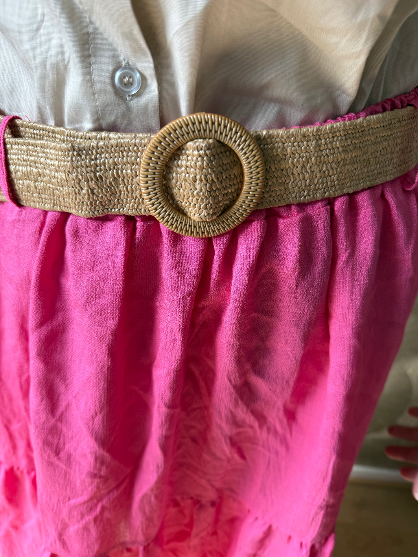 Lange zomer rok roze – elastische taille met riem – one size (38-48)