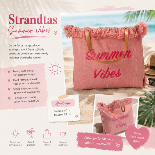 Strandtas Summer Vibes Roze – Grote Zomertas met Franjes 50x38 cm | By Jule Sieraden