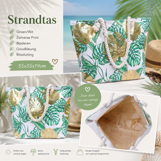 Strandtas Groen Wit met Goudkleurige Bladeren 55x35x14 cm | By Jule Sieraden