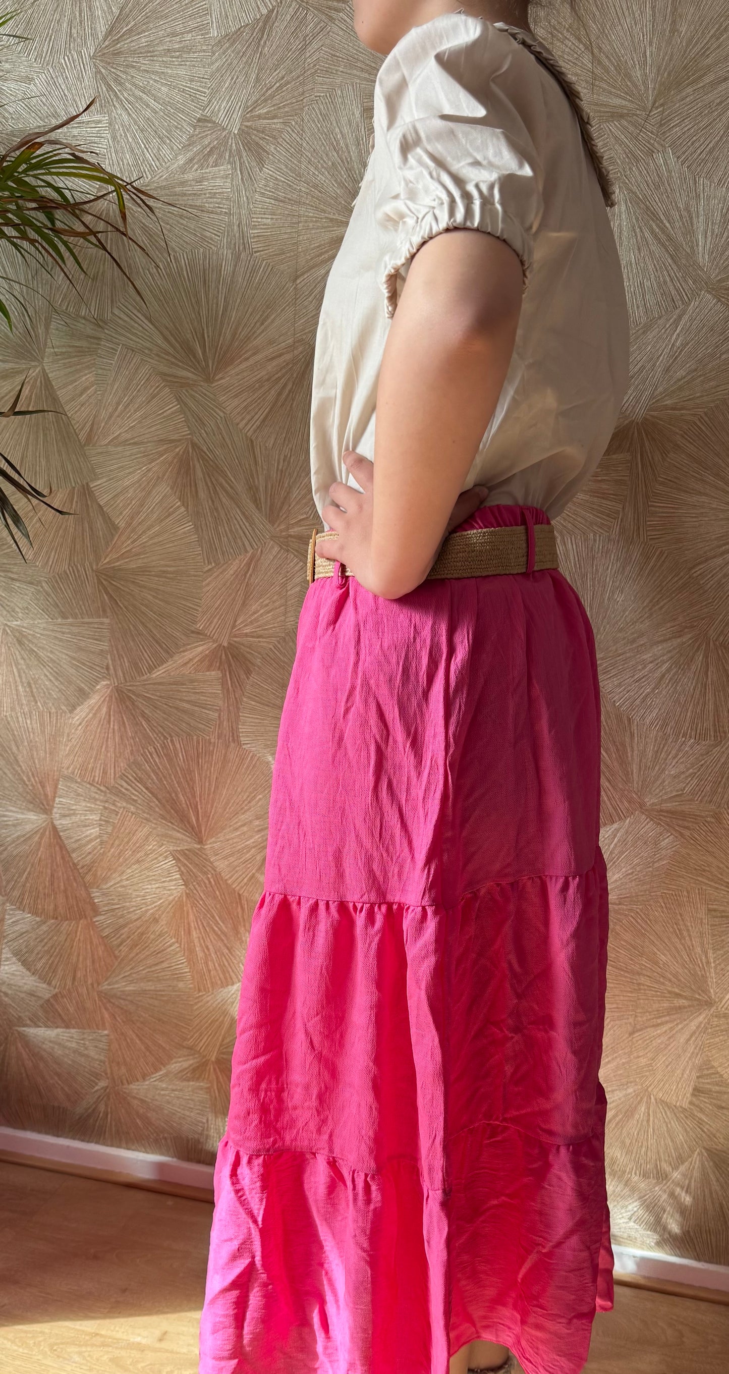 Lange zomer rok roze – elastische taille met riem – one size (38-48)