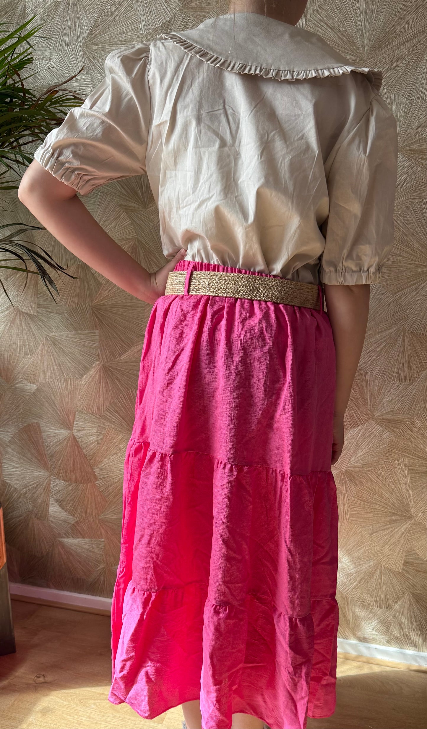 Lange zomer rok roze – elastische taille met riem – one size (38-48)