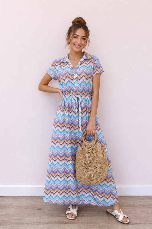 Zigzag print jurk dames met ceintuur – luchtige zomerjurk one size (36-42)