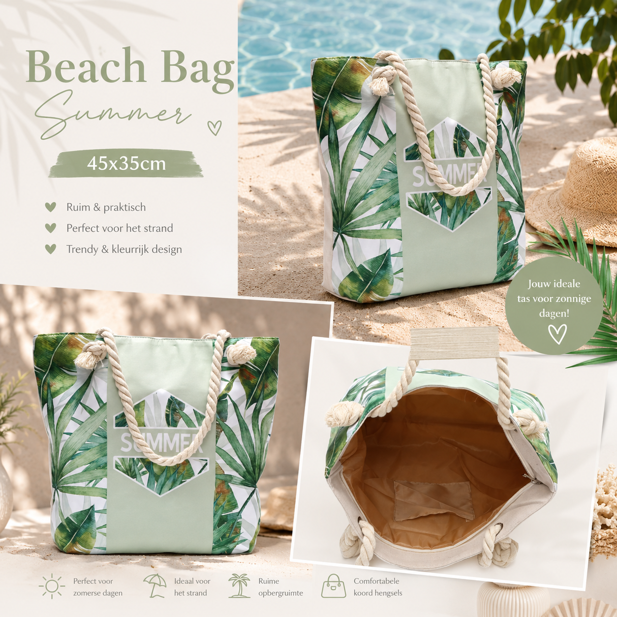 Beach Bag Summer Groen 45x35cm | Strandtas met Koordhengsels | By Jule Sieraden