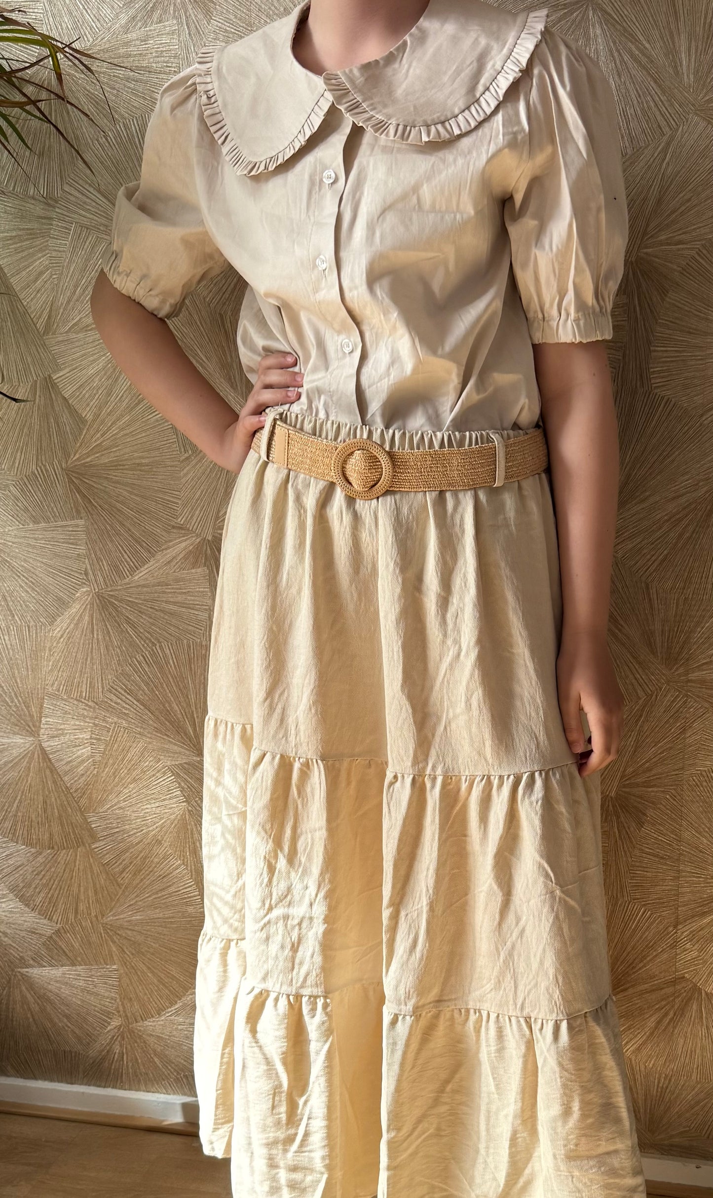 Lange zomer rok beige – elastische taille met riem – one size (38-48)
