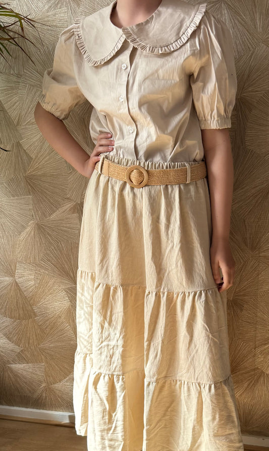 Lange zomer rok beige – elastische taille met riem – one size (38-48)