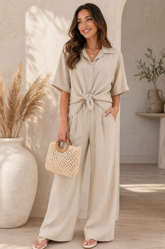Luchtige dames set beige maat 36 a40 – chique gestreepte zomer set | By Jule Sieraden