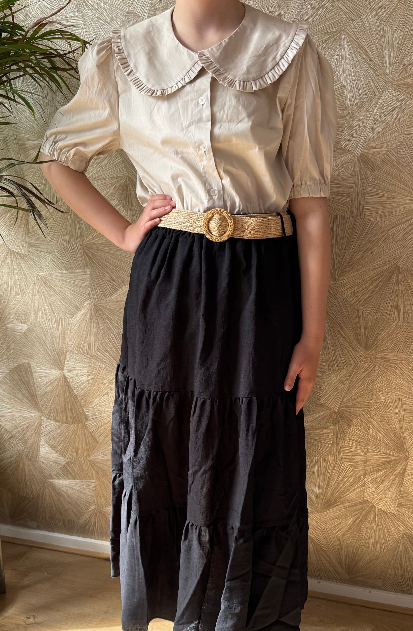 Lange zomer rok zwart – elastische taille met riem – one size (38-48)