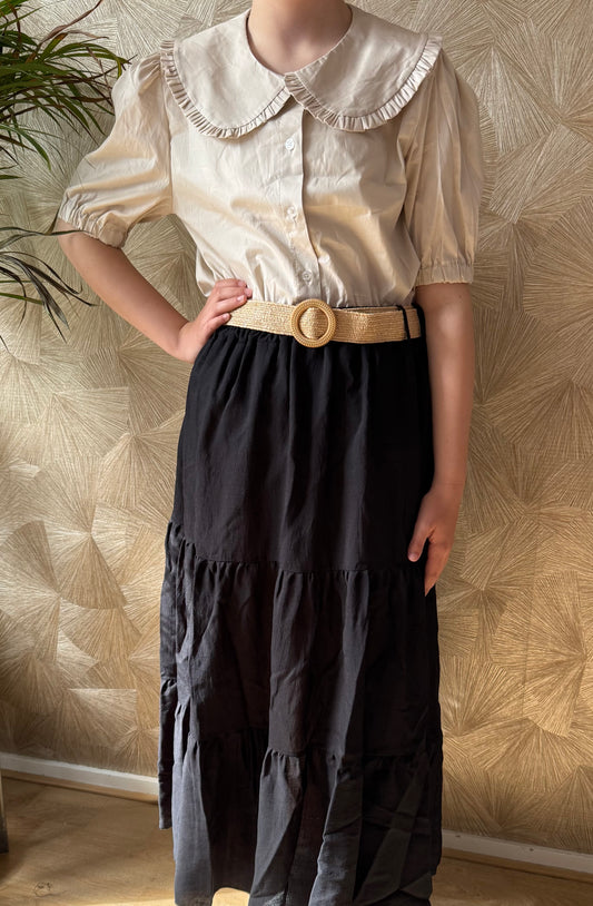 Lange zomer rok zwart – elastische taille met riem – one size (38-48)