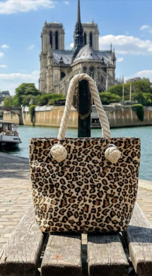 Mini Strandtas 29x22x10 cm – Panterprint Shopper met Rits – Beige/Zwart