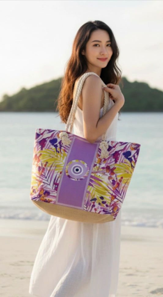 Zomer Strandtas Ibiza Style 49x39x15 cm – Grote Shopper met Rits – Paars/Tropical