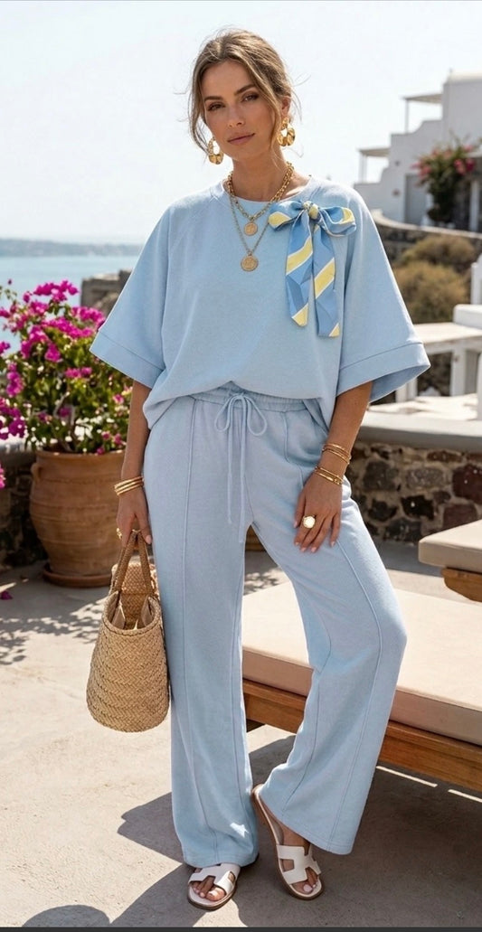 Lichtblauwe 2-Delige Set Dames – Trendy Lounge Set met Strik One Size (36-42)