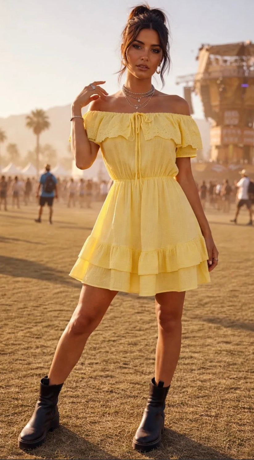 Gele Off Shoulder Zomer Jurk – Ibiza Style Ruffle Dress