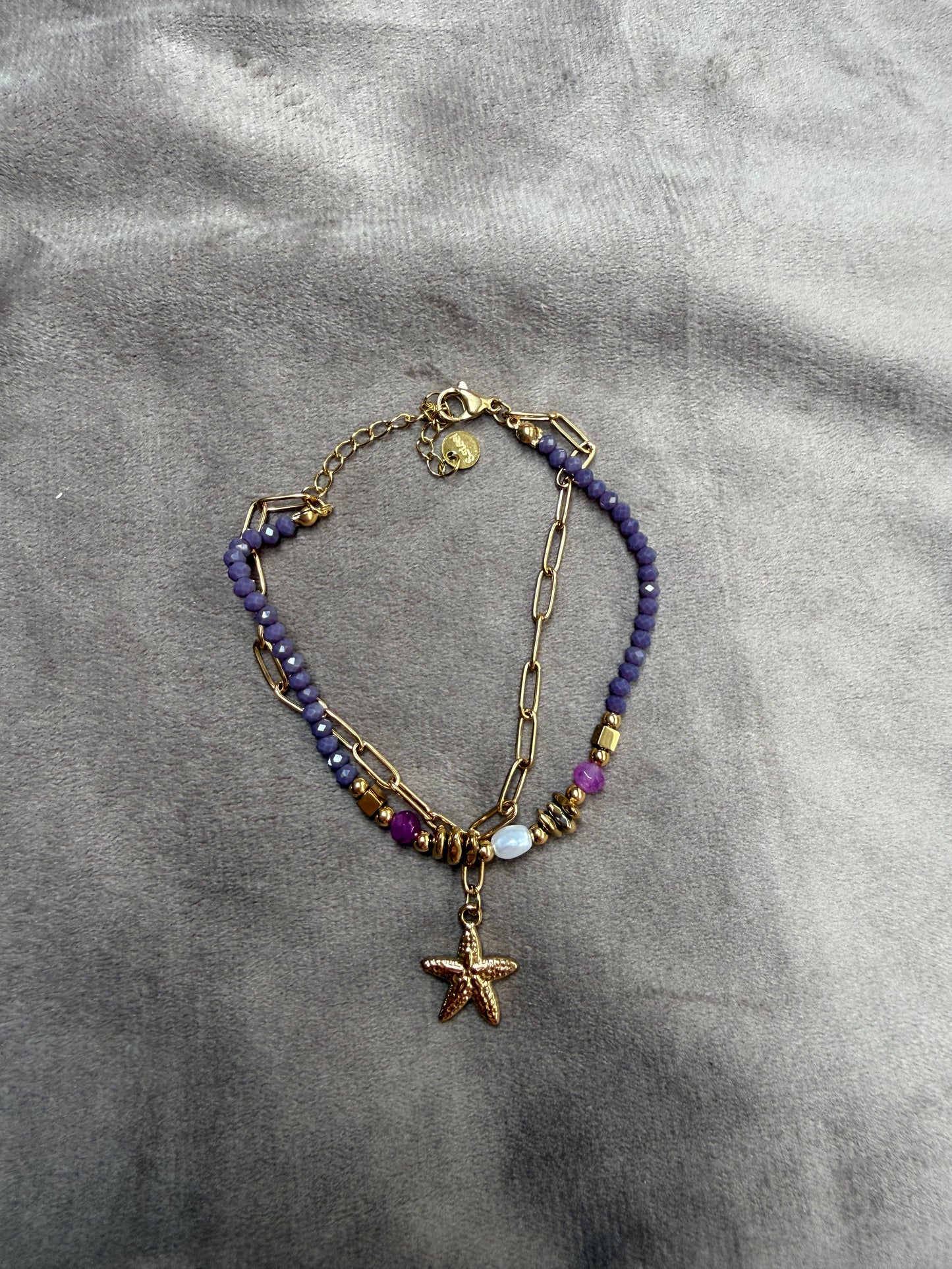 Goudkleurige Stainless Steel Armband Zeester Paars 17-21 cm – Kralen & Schakel Armband