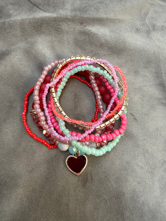 Set van 8 Armbanden Elastisch Roze/Rood/Goud – Kralen Armband Set Dames