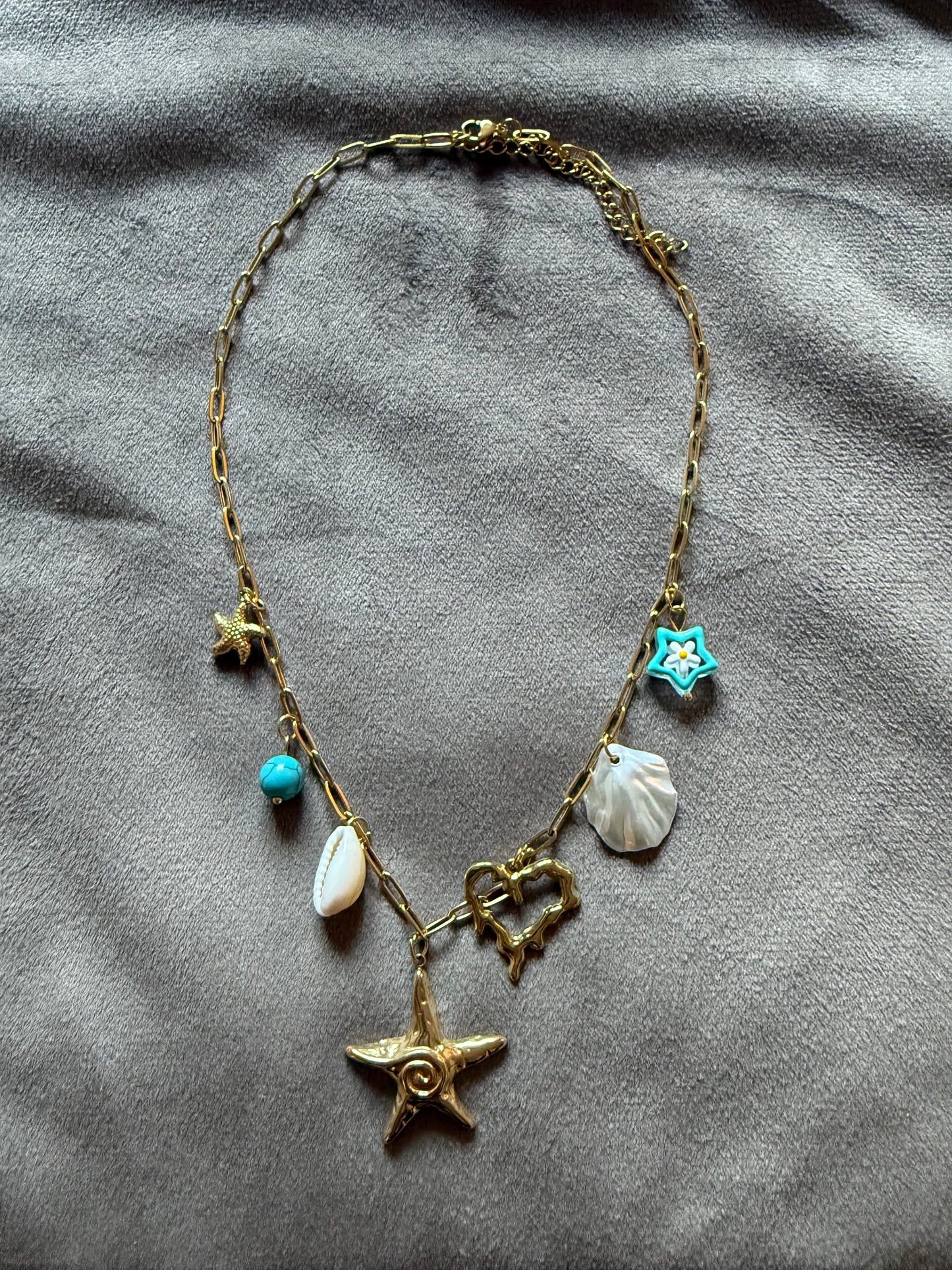 Stainless steel ketting bedels schelp zeester turquoise 40-45 cm – zomerse beach ketting dames