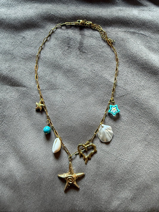 Stainless steel ketting bedels schelp zeester turquoise 40-45 cm – zomerse beach ketting dames