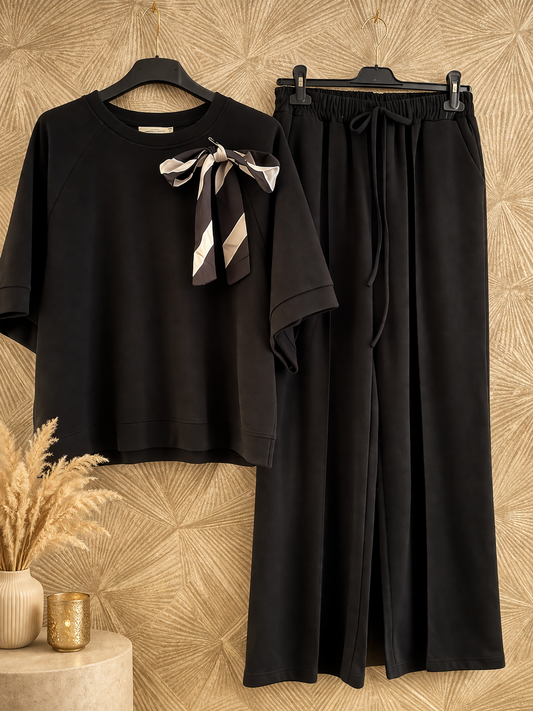 Zwarte 2-Delige Set Dames – Luxe Lounge Set met Strik One Size (36-42)