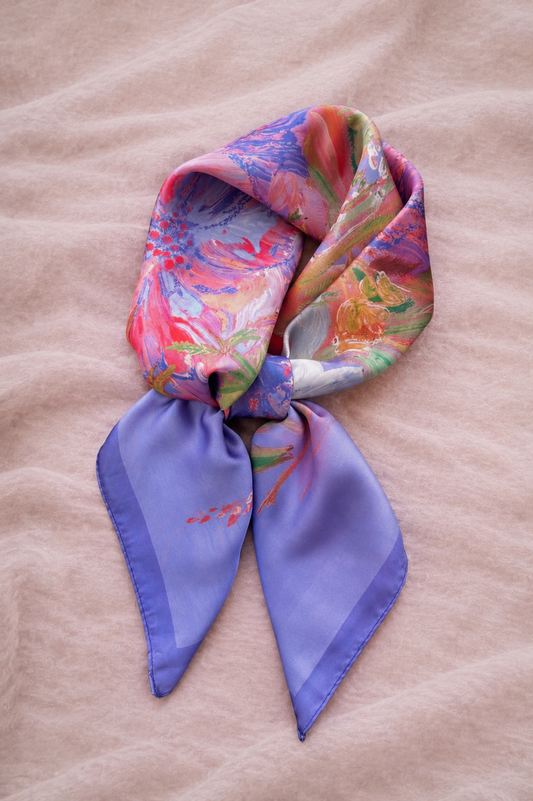 Sunset Bloom Satijnen Sjaal – Lila/Roze Floral 70x70 cm