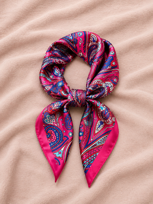 Pink Paisley Luxe Satijnen Sjaal – Fuchsia/Blauw 70x70 cm
