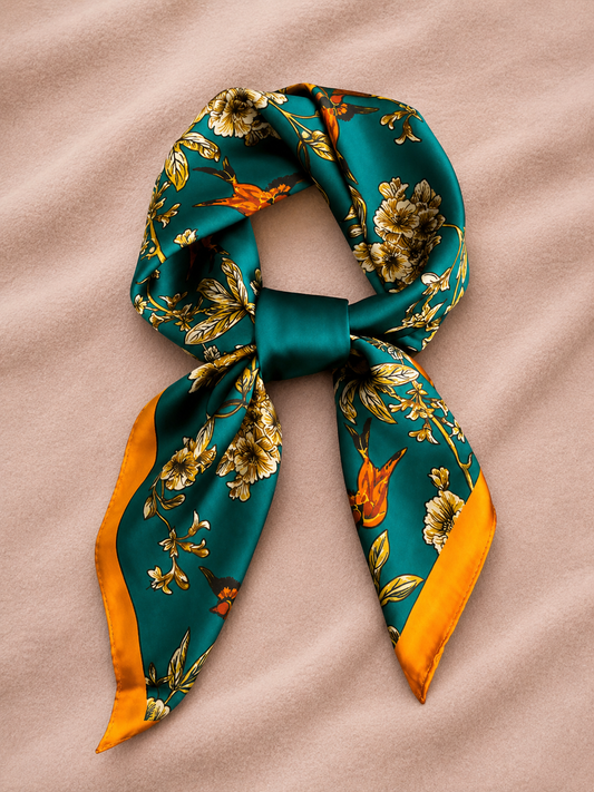 Emerald Bloom Satijnen Sjaal – Groen/Oranje Floral 70x70 cm