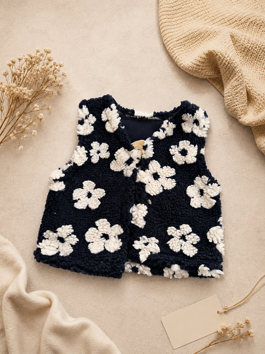 Donkerblauw Teddy Kindergilet met Witte Bloemen – Zacht Meisjes Giletje