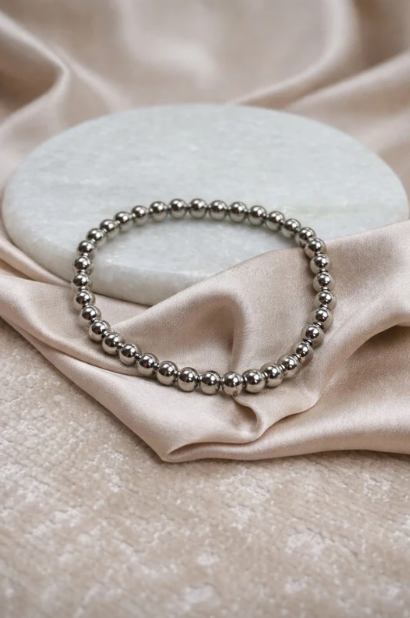 Zilverkleurige Stainless Steel Kralenarmband – 6 mm Elastisch