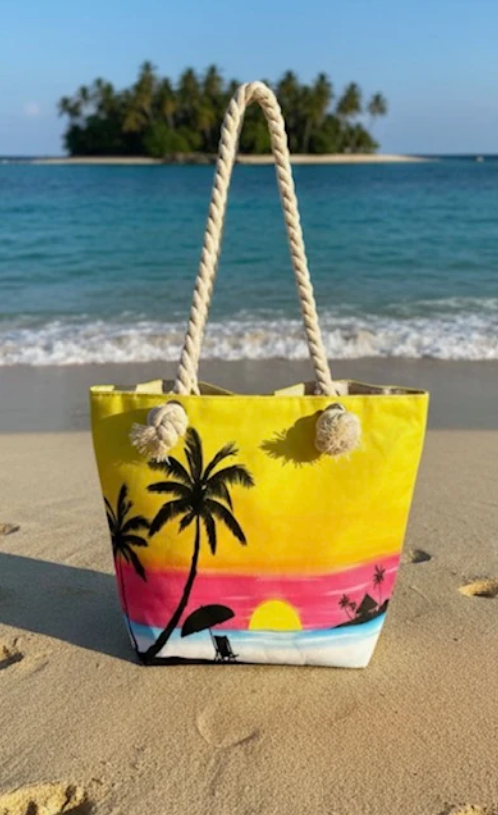 Strandtas 29x22x10 cm palmboom print – geel/roze
