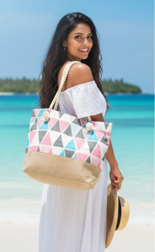 Strandtas 49x39x15 cm geometrische print – roze/blauw