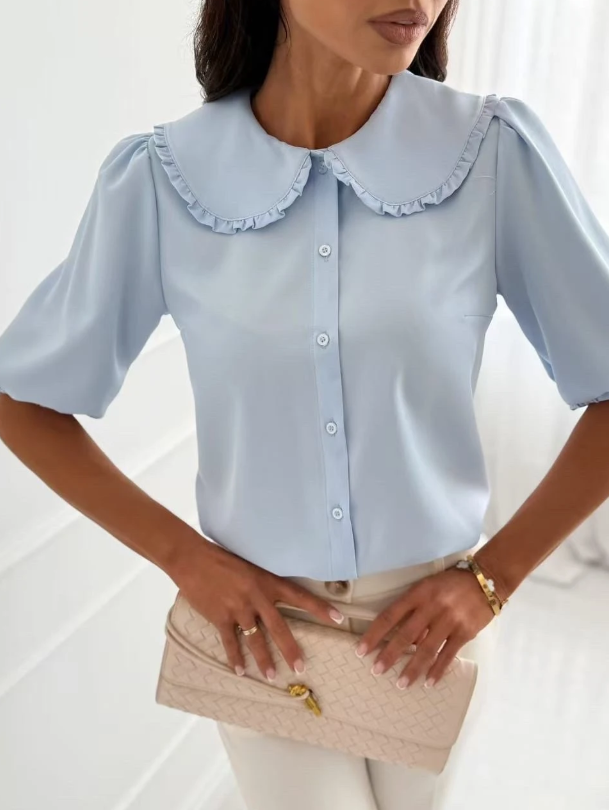 Elegante Blouse Lichtblauw met Kraag – One Size (36-42) Zomerse Top