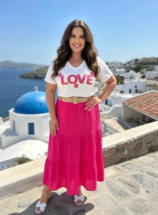 Lange zomer rok roze – elastische taille met riem – one size (38-48)