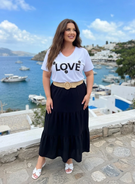 Lange zomer rok zwart – elastische taille met riem – one size (38-48)