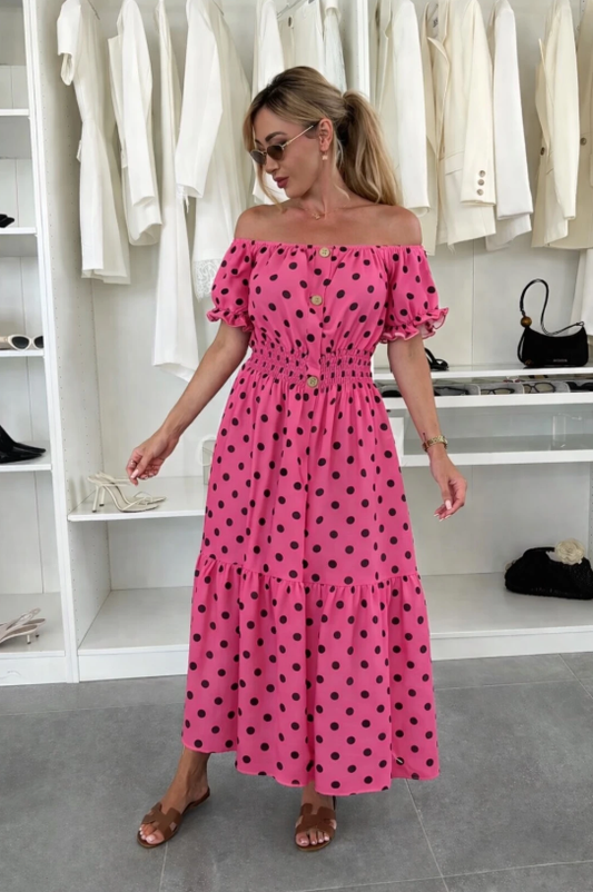 Polka dot maxi jurk roze – off shoulder smock jurk – one size (38-44)