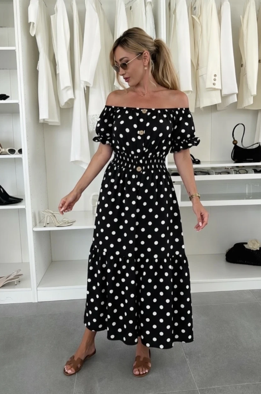 Polka dot maxi jurk zwart – off shoulder smock jurk – one size (38-44)