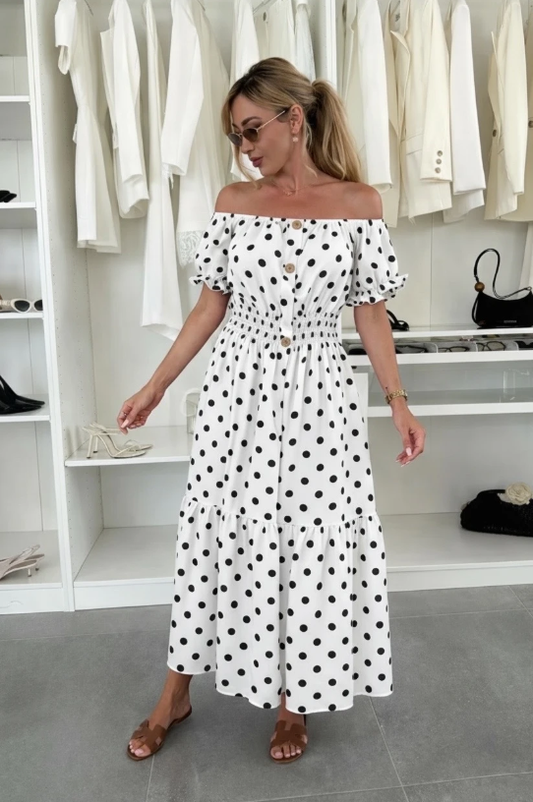 Polka dot maxi jurk wit – off shoulder jurk met stippen – one size (38-44)