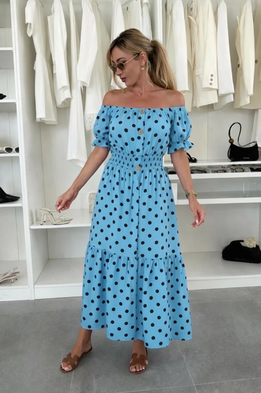 Polka dot maxi jurk lichtblauw – off shoulder smock jurk – one size (38-44)
