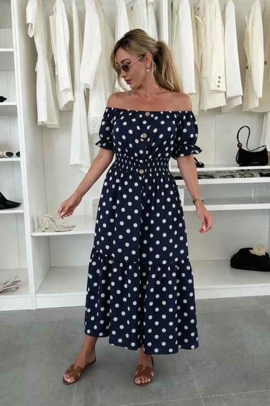 Polka dot maxi jurk donkerblauw – off shoulder jurk – one size (38-44)