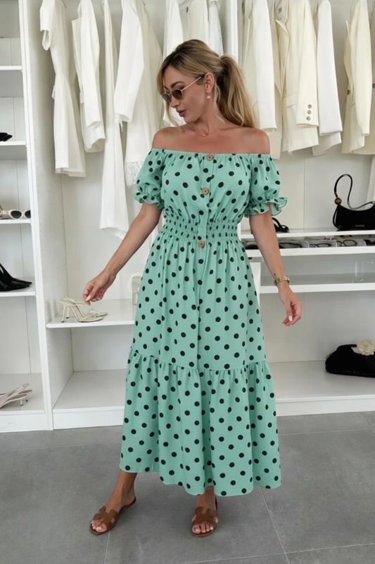 Polka dot maxi jurk groen – off shoulder smock jurk – one size (38-44)