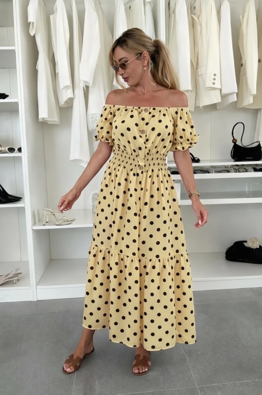 Polka dot maxi jurk geel – off shoulder smock jurk – one size (38-44)