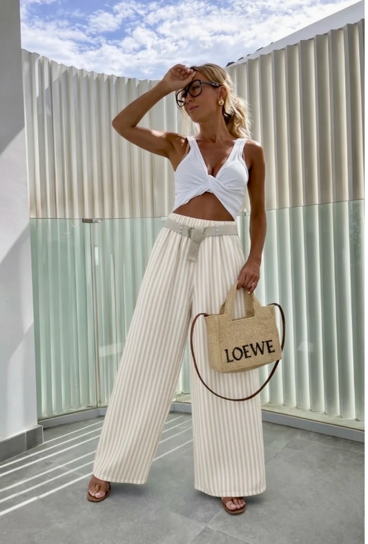 Beige gestreepte wide leg broek dames met riem (maat 38-44) – lichte zomer broek | By Jule Sieraden
