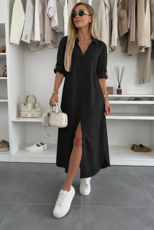 Zwarte blouse jurk dames lang (maat 38-44) – tijdloze maxi jurk | By Jule Sieraden