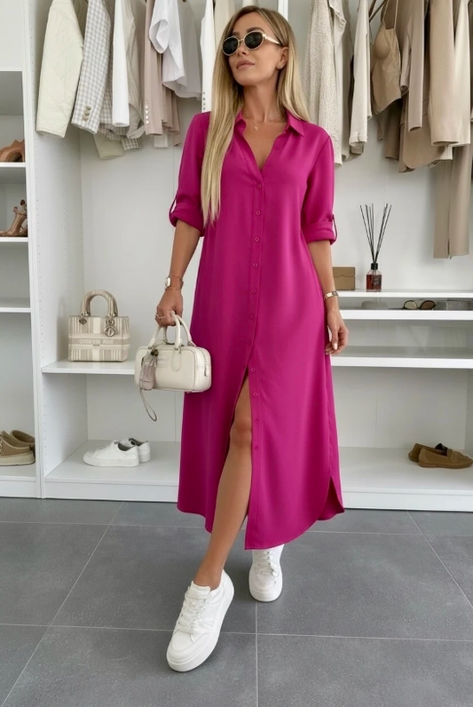 Fuchsia blouse jurk dames lang (maat 38-44) – opvallende maxi jurk | By Jule Sieraden