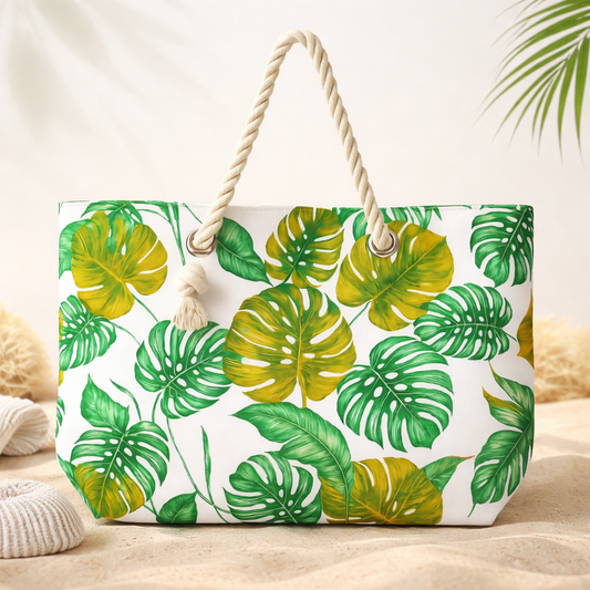 Tropische shopper met bladprint en touwhengsels 50x35x15 cm