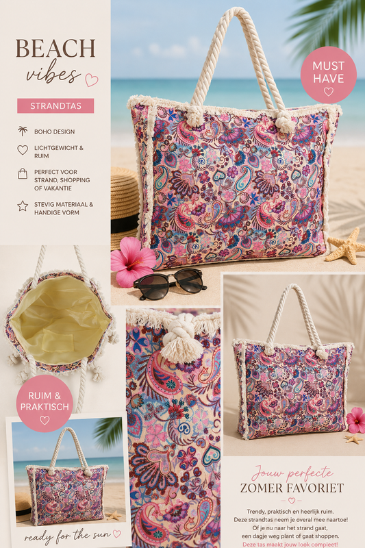 Boho Strandtas Paisley Pink 50x40x10 cm | By Jule Sieraden