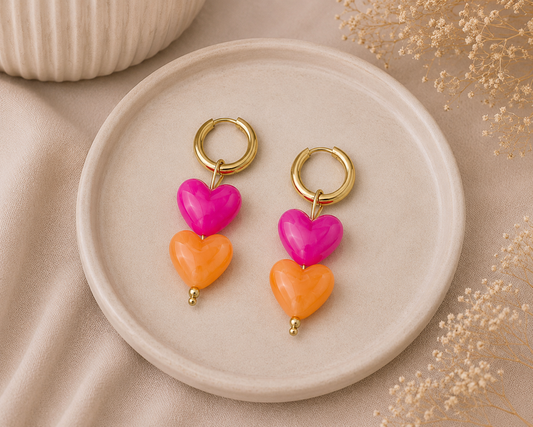 Stainless Steel Hart Oorbellen Roze-Oranje 4 cm | By Jule Sieraden