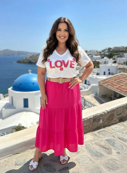Lange zomer rok roze – elastische taille met riem – one size (38-48)