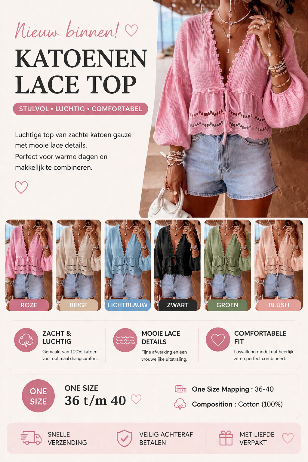 Lace top dames – katoenen top one size (36-42)