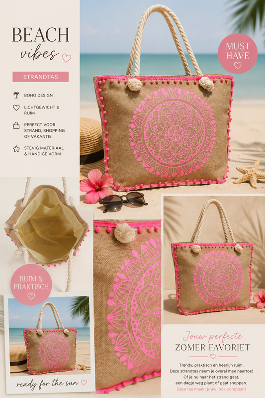 Boho Strandtas Pink 50x38x16 cm | By Jule Sieraden